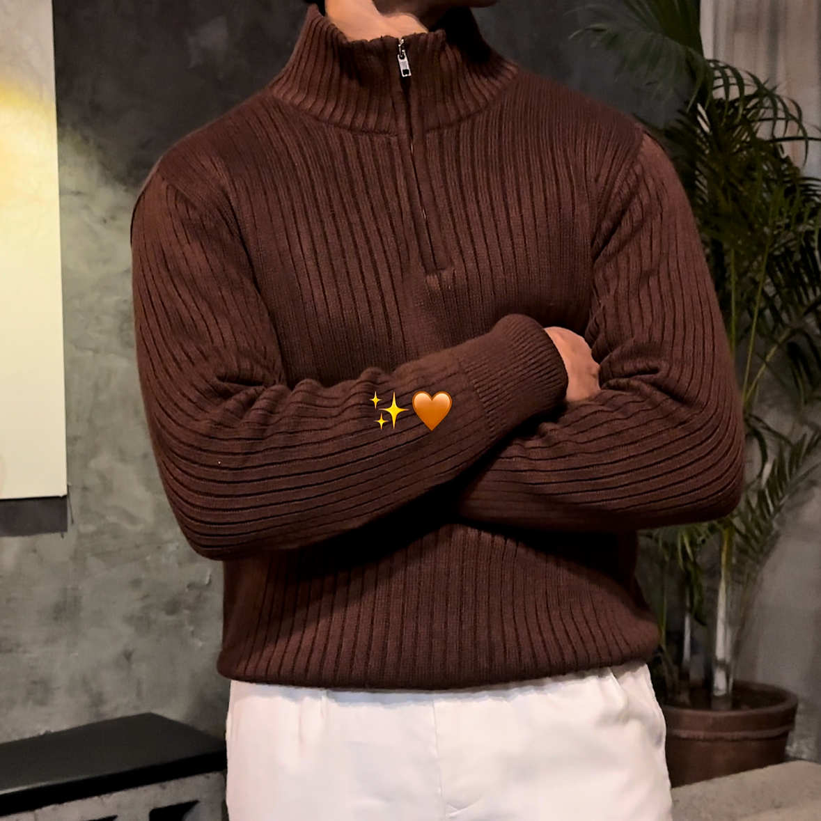 Coffee Knitted Quarter Zipper
