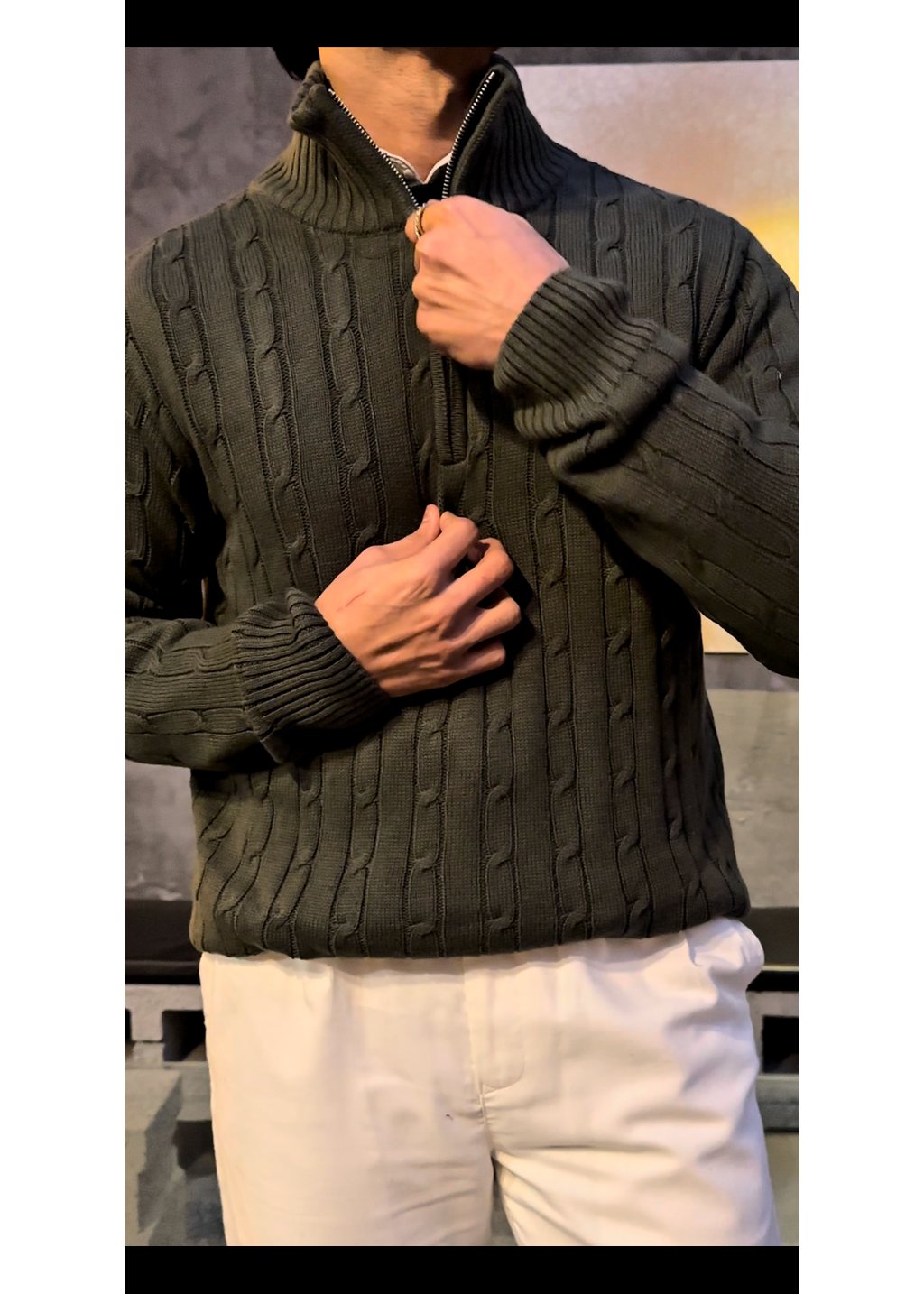 Olive Cable Knit Quarter Zipper