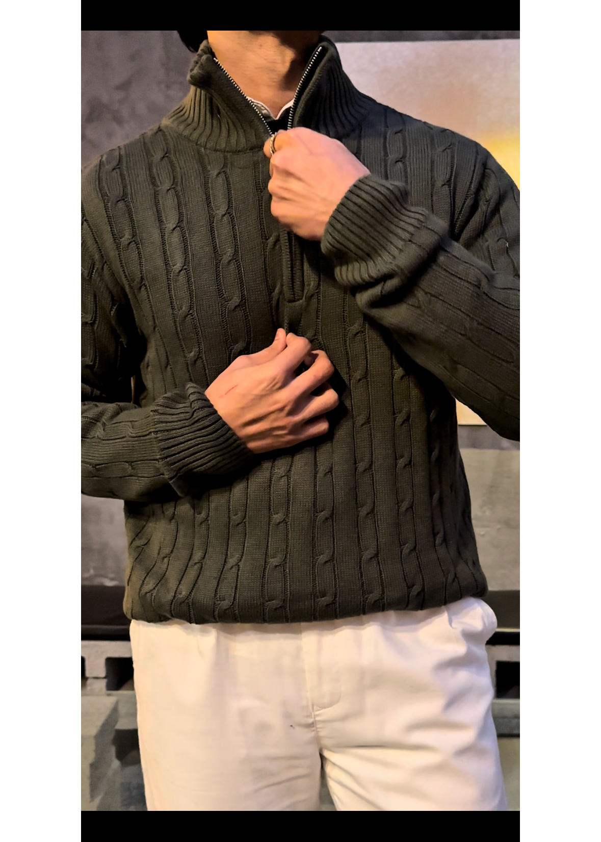 Olive Cable Knit Quarter Zipper